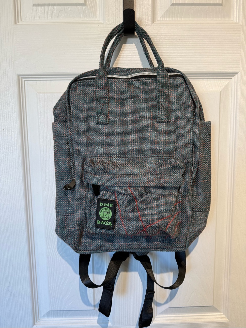 Gray Tweed Backpack with Red Accent